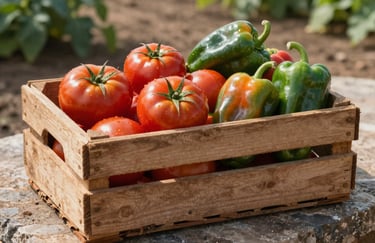 A rustic wooden crate filled with freshly harvested organic vegetables like tomatoes and peppers, resting on a stone surface, North American / Mexican farm atmosphere, bright and natural.