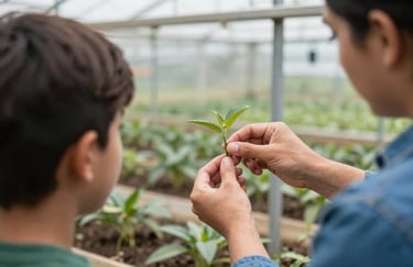 A focused shot of a teacher's hands demonstrating grafting techniques to a student in a greenhouse, North American / Mexican setting, professional and educational lighting.