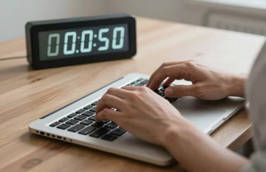 A close-up shot of hands typing on a laptop with a digital clock on the desk showing the early morning hours, symbolizing fast delivery and dedication.