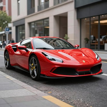 A red Ferrari F8 Tributo luxury sports car parked on a European city street near modern buildings.