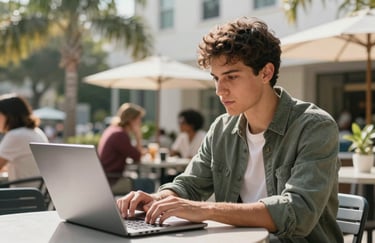 A focused young adult working on a laptop at a bright, sunny North American / US / Florida outdoor seating area, representing student life.