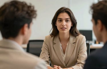 Close-up of a mentorship session between a professional and a young adult in a North American / US / Florida office environment, with muted sand gold tones.