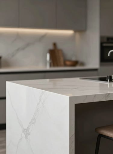 A luxury kitchen island featuring a seamless #F7F7F7 countertop with subtle gray veining, reflecting an atmosphere of refined elegance.