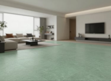 Modern living room with a expansive floor of #A4BC9F matte tiles, featuring minimalist furniture and an open-plan design.