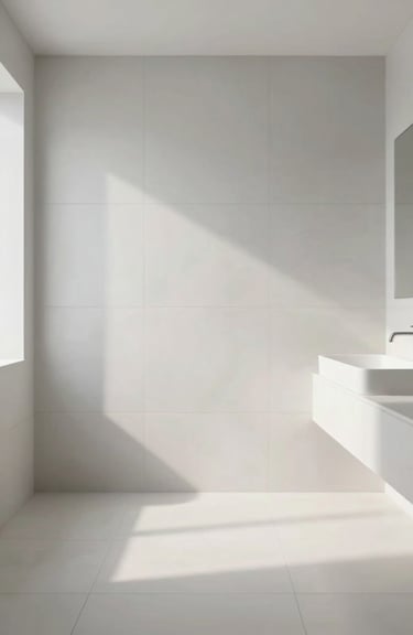 A minimalist bathroom scene featuring large-format #F7F7F7 porcelain tiles, clean architectural lines, and soft, natural daylight.