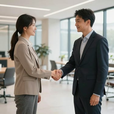 A medium shot of two professionals in business casual attire shaking hands in a bright, modern office lobby in North America. Professional and trustworthy atmosphere.