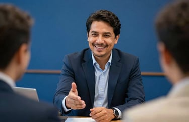 A South American / Brazilian financial consultant in a professional setting, offering a supportive and friendly gesture, navy blue and royal blue environment.