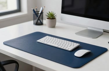 A clean, modern workspace in a South American / Brazilian city, symbolizing clarity and financial organization, with navy blue and pearl white tones.