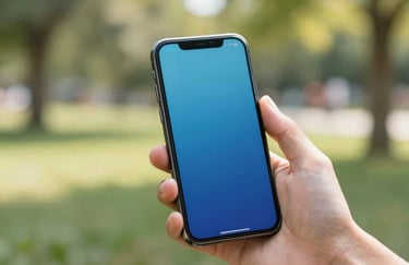 A close-up shot of a smartphone being held by a user in a North American / US park. The screen is clear and easy to read under sunlight. Colors include sky blue and navy blue.
