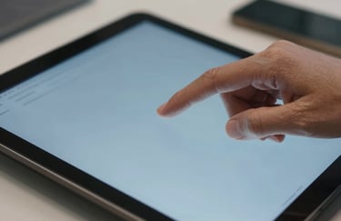 A sharp, macro photograph of a high-resolution touchscreen being used by a professional in a North American / US corporate setting. The lighting is bright and emphasizes a slate blue color theme.