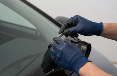 Hands of a professional technician in navy blue work gloves carefully inspecting the edge of a newly installed windshield, North American setting.