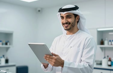A professional in a Middle Eastern / Gulf repair center environment, holding a digital tablet and smiling confidently. Background shows pale arctic white walls and soft sky blue highlights.