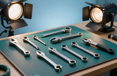A high-quality set of professional repair tools arranged neatly on a dark teal work mat. Professional studio lighting with soft sky blue highlights.