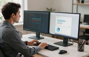A professional South American person in business attire working at a clean desk with a dual-monitor setup in a contemporary home office.
