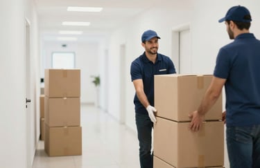 A professional mover in Al Ain carefully navigating a wide, bright hallway with stacked boxes, symbolizing an orderly and efficient process. Colors: #D1C0B5 and #0F1A2A.