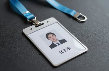 A sharp, close-up photograph of a professional identification badge with a sky blue lanyard resting on a dark charcoal surface, representing professional credentialing.