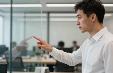 A professional in a clean white shirt pointing at a clear glass screen in a bright, modern office space. The image conveys strategic clarity and the aura of professional expertise.