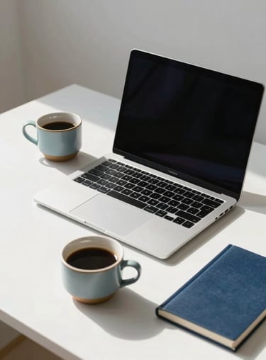 A minimalist and modern desk workspace featuring a high-end laptop, a ceramic cup of coffee, and soft morning sunlight. The color palette includes accents of Soft Grayish Blue and Deep Navy Blue in the accessories, conveying efficiency and focus.