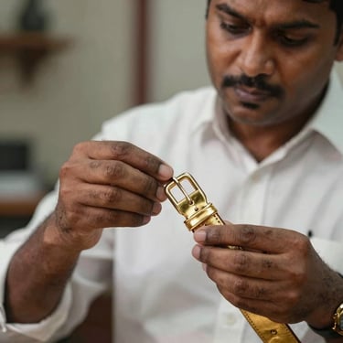 A professional South Asian / Indian craftsman carefully inspecting a burnished gold leather belt for quality control.