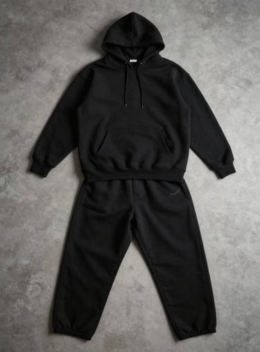 An elegant flat-lay of a minimalist deep black hoodie and matching baggy pants, styled for a premium streetwear brand.