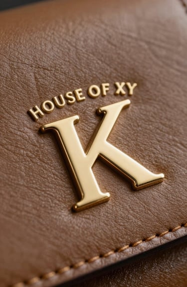 Detailed macro shot of a metallic gold House of Kingsley logo embossed on a piece of high-grade leather.