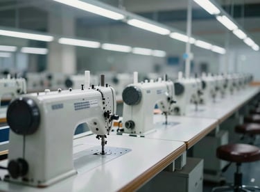 A row of industrial sewing machines in a clean, brightly lit modern manufacturing facility in India.