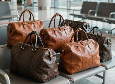 A collection of luxury leather travel bags arranged in a modern, sunlit airport lounge in India.