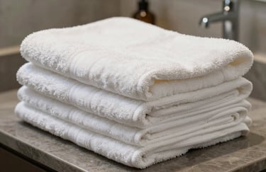 A stack of high-quality crisp white cotton towels with a luxury hotel-style border, in a modern South Asian / Indian bathroom setting.