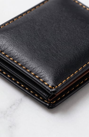 A close-up of a premium deep black leather wallet with intricate gold stitching, presented on a crisp white marble surface.