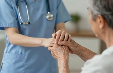 A nurse kindly holding an elderly patient's hand. Warm, compassionate lighting, emphasizing patient-centric care and the brand's trustworthy mood.