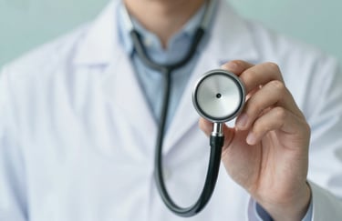 Close-up of a doctor's hand holding a stethoscope, representing expertise and clinical skill. Soft lighting, incorporating #89B1C5 background elements for a calm feel.