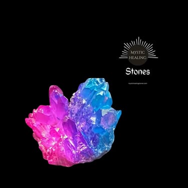 A vibrant titanium quartz crystal cluster against a black background for mystic healing.