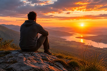 A man sits on a rocky mountain peak watching a vibrant orange sunset over a river valley.