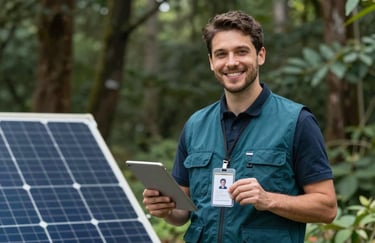 A friendly, professional solar technician in a dark forest teal vest holding a digital tablet and showing an official ID badge.