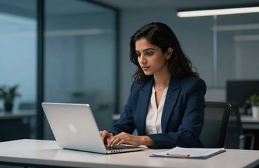 A South Asian female professional working at a minimalist desk with a laptop, modern office background with soft glass textures and deep blue tones.
