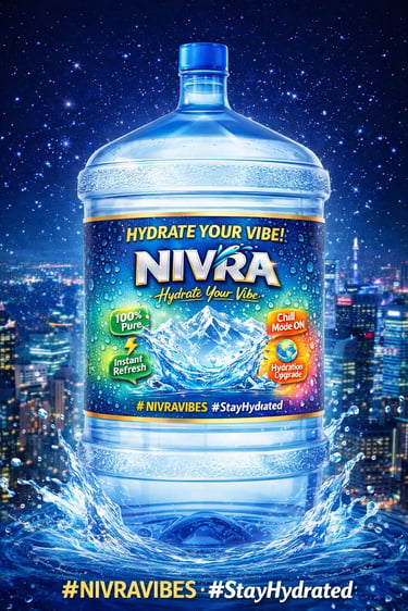 Nivra pure mineral water bottle featuring a mountain splash with a night city skyline background.