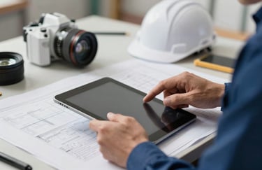 A focused shot of a construction worker's hands reviewing plans on a tablet, with Muted Steel Blue and Crisp Arctic White equipment in the background.