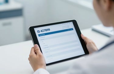 A close-up of a healthcare professional's hands holding a digital tablet displaying a patient's chart in a clean medical office. Professional and empathetic tone. Palette: #427B9B, #F2F6F8.