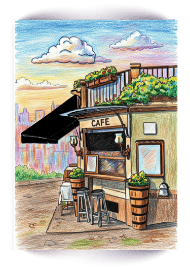 Colored pencil drawing of a rooftop cafe with flowers, city skyline, and sunset sky.
