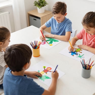 Colorful children happily engaged in hands-on learning activities at a bright table.