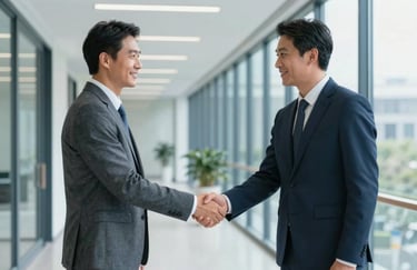 Two professionals in business attire shaking hands in a brightly lit hallway of a modern steel blue and glass office.