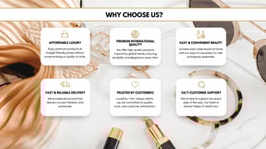 Why Choose Us infographic showcasing affordable luxury press-on nails and beauty products.