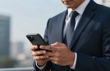 A close-up of a professional Latin American businessman in a dark navy suit using a modern smartphone, blurred metropolitan background with light blue sky.