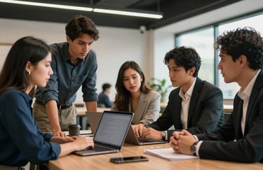 A collaborative meeting in a modern Latin American coworking space, with professionals discussing strategy around a sleek laptop. Lighting is airy and professional.