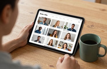 Over-the-shoulder shot of a digital marketer planning a social media grid on a tablet at a wooden desk with a matte forest green ceramic mug.