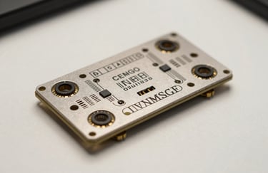 Close-up of a silver hardware module with technical engravings, resting on a clean off-white surface, sharp focus, professional tech photography.