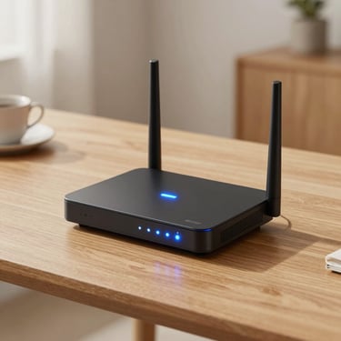 A close-up shot of a modern, sleek Wi-Fi 6 router with glowing blue indicator lights on a minimalist wooden desk in a clean North American home.