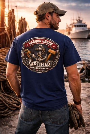 A man at a shipyard wearing a navy t-shirt with a vintage Baboon Grade Certified anchor logo.