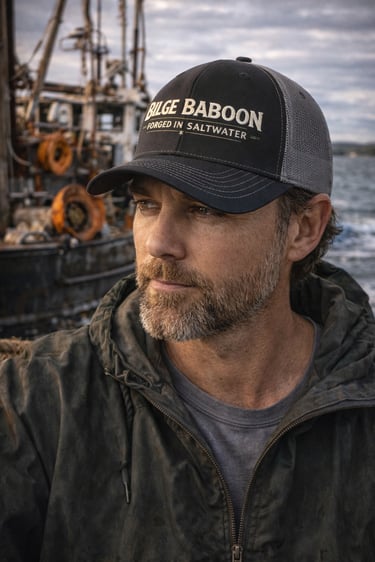 A fisherman wearing a Bilge Baboon mesh trucker hat on a fishing boat at sea.