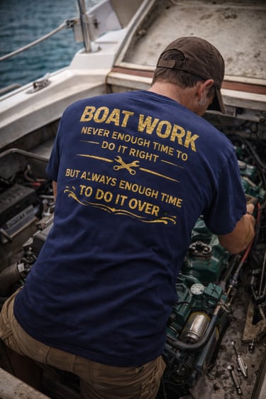 A man in a navy blue t-shirt performs boat engine maintenance and repair on a dock.